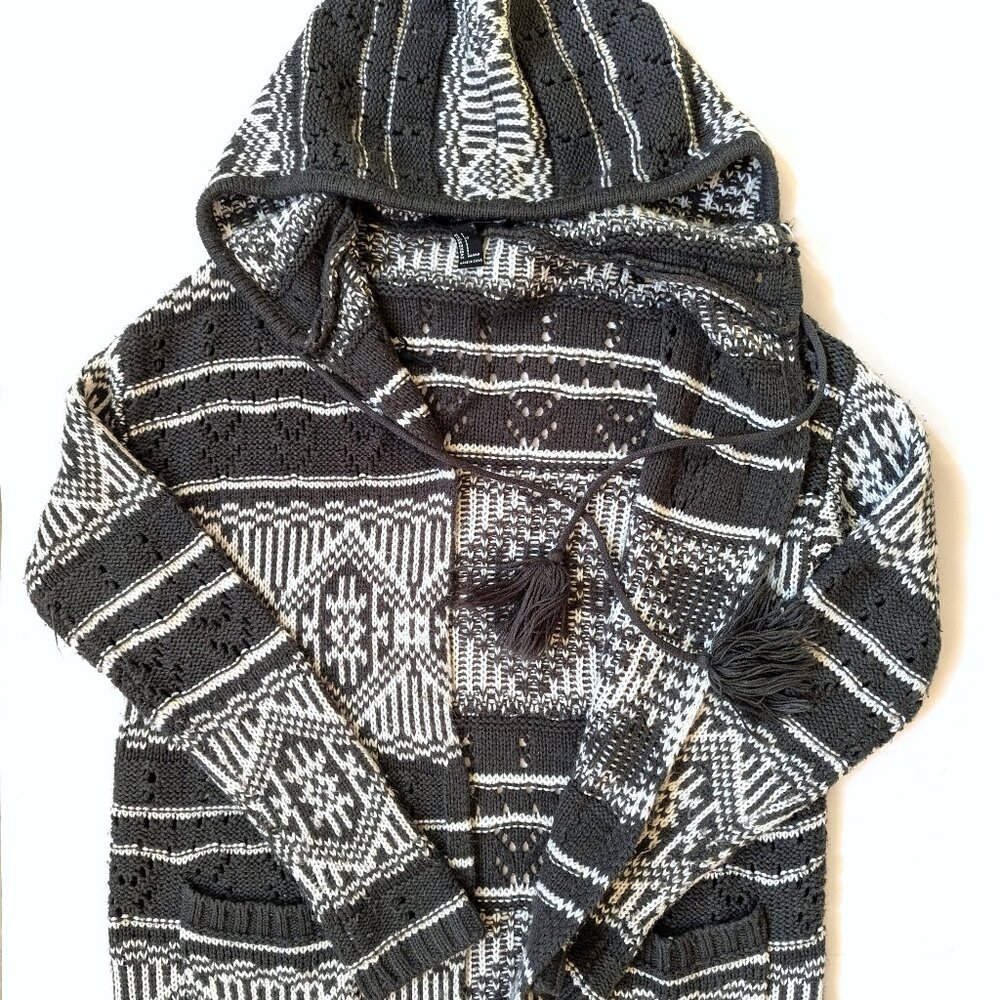 FOREVER 21 Long Knit Sweater Cardigan Jacket with Hood Green/White Size 8 - Picture 8 of 8
